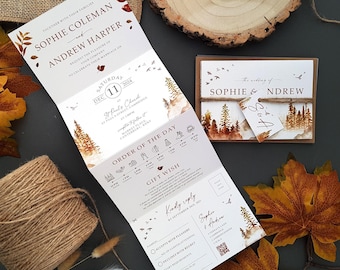 Autumn Fall Wedding Invitation Set, Misty Forest Woodland & Mountains Concertina Wedding Invites With Personalised Tag, Twine and Envelopes