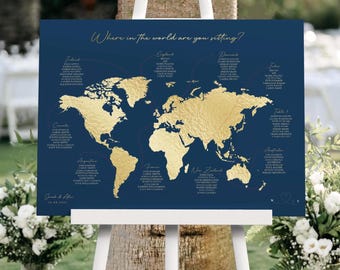 World Map Wedding Seating Chart, Any Colour - Passport A1, A2 Personalised Wedding Table Plan, Table Planner, Seating Chart Sign