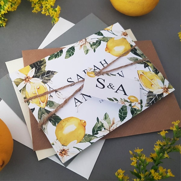 Lemon Wedding Invitation Set  - Concertina Trifold Wedding Invites With Tags, Rustic Twine & Envelopes - Destination Wedding Abroad