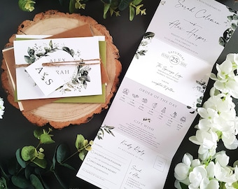 Baby's Breath Wedding Invitations Set – Sage Green Rustic Gypsophila Concertina Invites with Envelopes, Twine & Personalised Tags