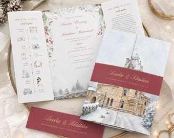 Christmas Wedding Invitation | Burgundy Winter Gatefold Recpetion | Snowy Castle Wedding Invite with Belly Band