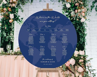 World map table plan in any colour, 80cm x 80cm, Circle travel globe map seating planner, Wedding Sign