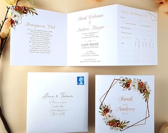 Autumn Fall Wedding Invitation Set With Envelopes,  Gold Floral Trifold Wedding Invites or Reception Invites