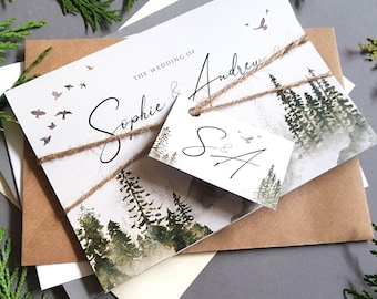 Misty Forest Wedding Invitations  - Woodland With Pine Trees & Mountains - Concertina Wedding Invites With Tags, Rustic Twine and Envelopes