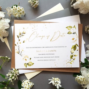 Biglietti di cambio data floreali in oro bianco per matrimoni posticipati con buste, biglietti di cambio data matrimonio - Biglietti Save the Date