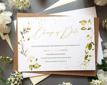 White Gold Floral Change of Date Cards for Postponed Weddings With Envelopes, Wedding Date Changed Cards - Save the Date Cards