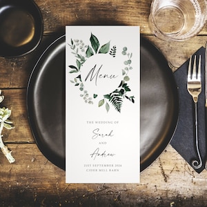 Greenery Wedding Menus - DL Size Menus - Personalised Wedding Menus for the venue - Wedding Table Decorations - Wedding Decor