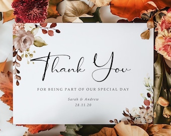 Autumn Fall Wedding Thank You Cards With Envelopes, Orange boho florals, Any Thank You Message or Wedding Favour Message