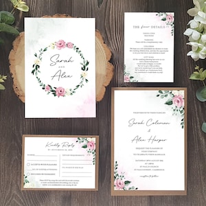 Pink Wedding Invitation Set  With Envelopes Featuring Pink and White Florals, Finer Details, Menu Choices, RSVP + Menu - A5 Wedding Invites