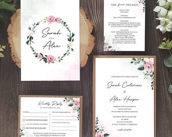 Pink Wedding Invitation Set  With Envelopes Featuring Pink and White Florals, Finer Details, Menu Choices, RSVP + Menu - A5 Wedding Invites