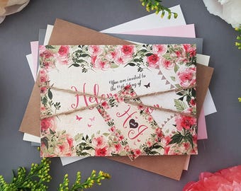 Cottage Pink Wedding Invitation Set  Concertina Trifold Luxury Wedding Invites With Tags, Rustic Twine & Choice of Free Envelopes