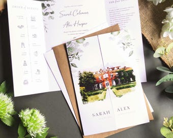 Venue Wedding Invitations with FREE envelopes | Watercolour Wedding Venue, Sketch Illustration Painting Drawing Gatefold Wedding Invites Set