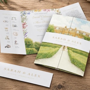 May include: A wedding invitation suite featuring a tri-fold card with a watercolor illustration of a manor and garden, a belly band with the text SARAH & ALEX, and an order of events card with floral accents and gold-toned typography.