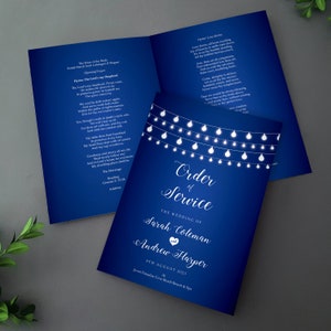 May include: A blue wedding order of service with white text and a string of white lights. The program includes the order of service for the wedding of Sarah Coleman and Andrew Harper on 8th August 2023 at Jewel Paradise Cove Beach Resort & Spa.
