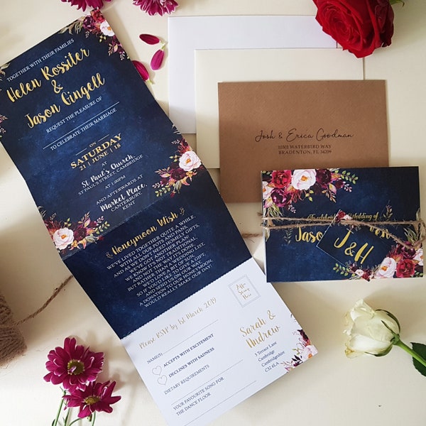Blue Floral Wedding Invitation Set  - Personalised Wedding Invites  With Envelopes - Burgundy Wedding Invites