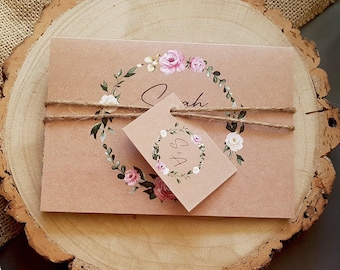 Rustic Wedding Invitation Concertina Featuring Pink & White Florals  - Wedding Invites With Tags, Rustic Twine and Choice of Envelopes