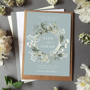 Tarjetas para guardar la fecha con diseño de aliento de bebé o para guardar la noche o el fin de semana con sobres: anuncio de boda con diseño de guardar la fecha en azul polvoriento