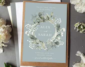 Baby's Breath Save the Date Cards Or Save the Evening or Weekend With Envelopes - Dusty Blue Save the Date Wedding Announcement