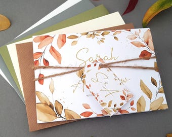 Autumn Fall Wedding Invitation Set - Eucalyptus Luxury Concertina Trifold Wedding Invites With Personalised Tag, Rustic Twine & Envelopes