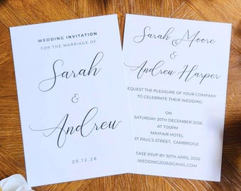 Elegant Wedding Invitation Set or Reception Invites Including Envelopes, A6 Flat Card Wedding Invites - Script minimalist