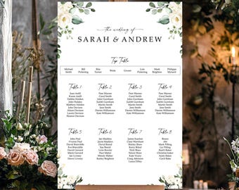 White Floral Wedding Seating Chart with Greenery A0, A1, A2, A3 Personalised Wedding Table Plan, Wedding Decor,  Table Planner