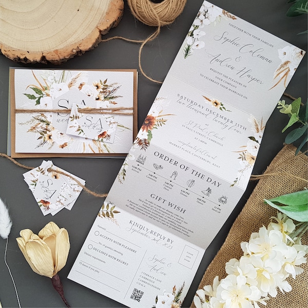 Rustic Wedding Invitation Set  - Boho Wedding Invite With Tags, Rustic Twine & Choice of Envelopes - Bohemian Rustic Concertina Trifold