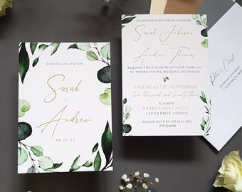 Botanical Wedding Invitation Set or Evening Invitation, Reception Invites Including Envelopes, A6 Flat Card Wedding Invites