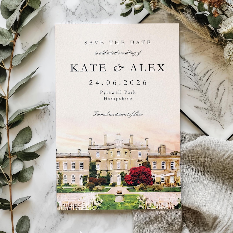 May include: A wedding invitation card with the text "SAVE THE DATE" and the names "KATE & ALEX". The card features a watercolour image of a stately home and garden, with the date 24.06.2026.