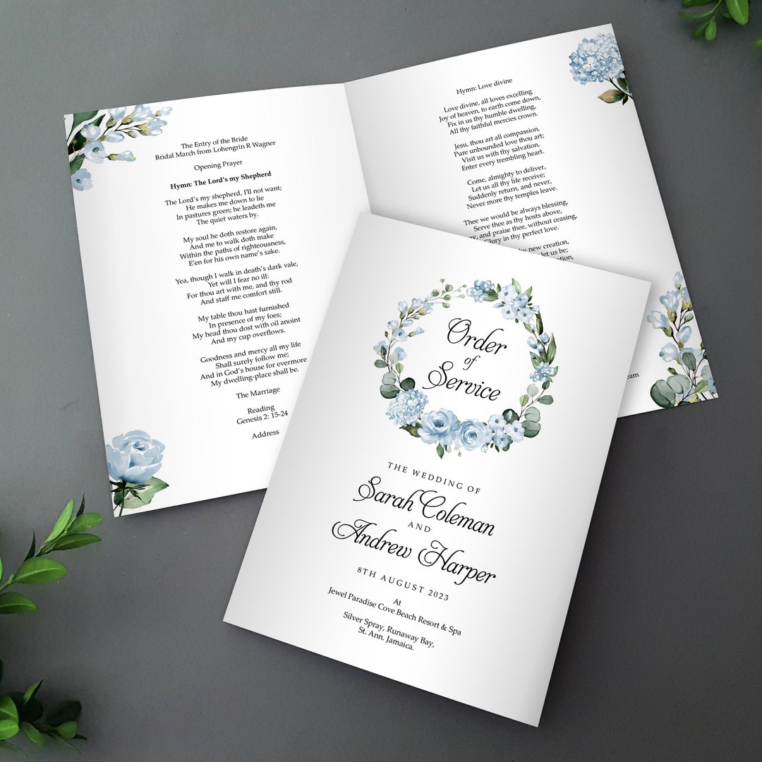 Cornflower Blue Order of Service for Weddings | Order of the Day | A4 ...