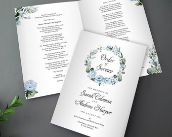 Cornflower Blue Order of Service for Weddings | Order of the Day | A4 folded to A5 Wedding Programmes or booklets
