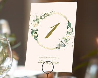 White Floral Gold Table Numbers or Table Names | Any Colour Font | A5 double sided cards | Weddings | Dinner or Gala Event