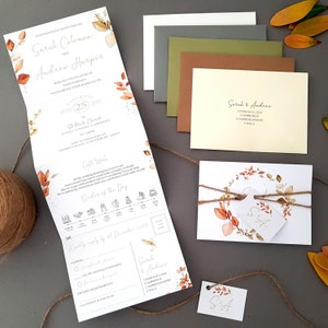 Autumn Fall Wedding Invitation Set  - Fall Luxury Wedding Invites with Eucalyptus Personalised Tag, Rustic Twine & Envelopes