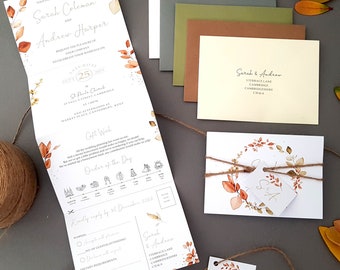 Autumn Fall Wedding Invitation Set  - Fall Luxury Wedding Invites with Eucalyptus Personalised Tag, Rustic Twine & Envelopes