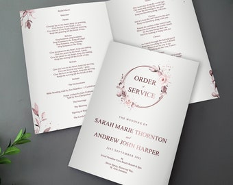 Rose Gold Order of Service for Weddings | Order of the Day | A4 folded to A5 Wedding Programmes or booklets