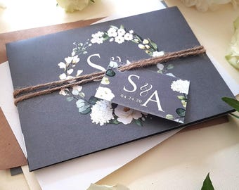 Grey White Floral Wedding Invitation Set With Tags, Rustic Twine & Envelopes, Concertina Trifold Luxury Wedding Invites