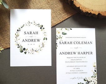 White Floral Wedding Invitation Set or Evening Invitation, Reception Invites Including Envelopes, A6 Flat Card Wedding Invites