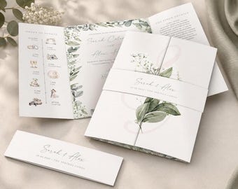 Baby's Breath Wedding Invitation Set |  Personalised Gatefold Design | Custom Sage Green Rustic Gypsophila with Envelopes