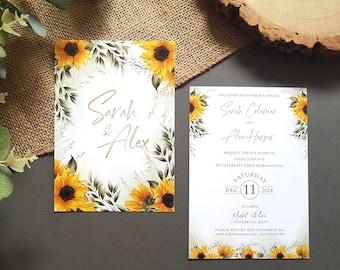 Sunflower Wedding Invitation Set or Evening Invitation, Reception Invites Including Envelopes, A6 Flat Card Wedding Invites