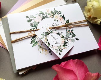 Wildflower Wedding Invitation Set  - Concertina Trifold Wedding Invite With Tags, Rustic Twine & Envelopes - Peonies, Rose, hydrangea