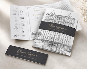 Custom Wedding Invitation, Personalised  Venue Sketch OWN IMAGE Gatefold Wedding Invite, Black Gold or Any Colour