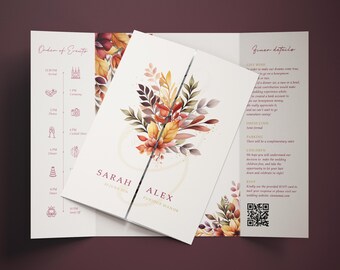 Autumn Wedding Invitations with FREE envelopes | Burgundy Orange Foliage Fall Gatefold Wedding Invites Set