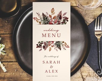 Autumn Burgundy Wedding Menus - Personalised Wedding Menus for the venue - DL Size Menus - Wedding Table Decorations