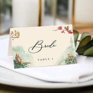 Forest Woodland Place Cards |  Guest Name Printing Included + Menu Choices | Wedding Place Settings | Any Colour Font | Name Place Cards