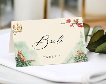 Forest Woodland Place Cards |  Guest Name Printing Included + Menu Choices | Wedding Place Settings | Any Colour Font | Name Place Cards