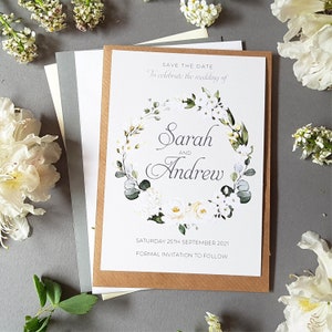 Witte bloemen Save the Date-kaarten of bewaar de avond of het weekend met enveloppen Portret - elke kleur of elk bericht - Save the Date-trouwkaart