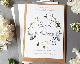 White Floral Save the Date Cards Or Save the Evening or Weekend With Envelopes Portrait - Any Colour or Message - Save the Date Wedding Card