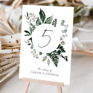 Greenery Table numbers or Table Names Any Colour Font A5 double sided cards Weddings Dinner or Gala Event image 1