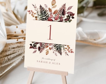 Autumn Botanical Table numbers or Table Names | Any Colour Font | A5 double sided cards | Weddings | Dinner or Gala Event