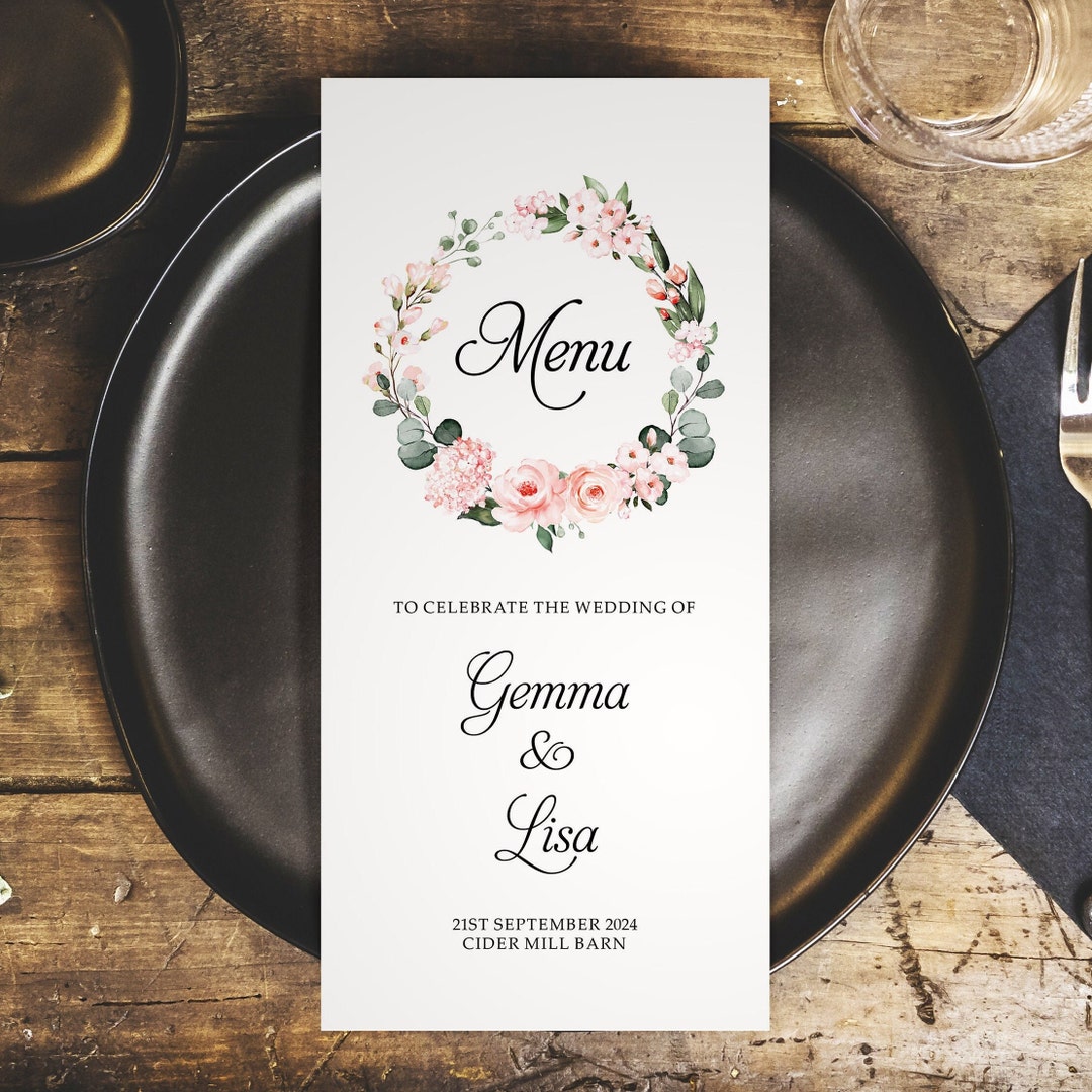 Blush Floral Personalised Wedding Menus DL Size Menus Personalised