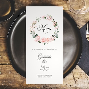 Gepersonaliseerde trouwmenu's Blush Floral - DL-menu's - Gepersonaliseerde trouwmenu's voor de locatie - Tafeldecoraties bruiloft